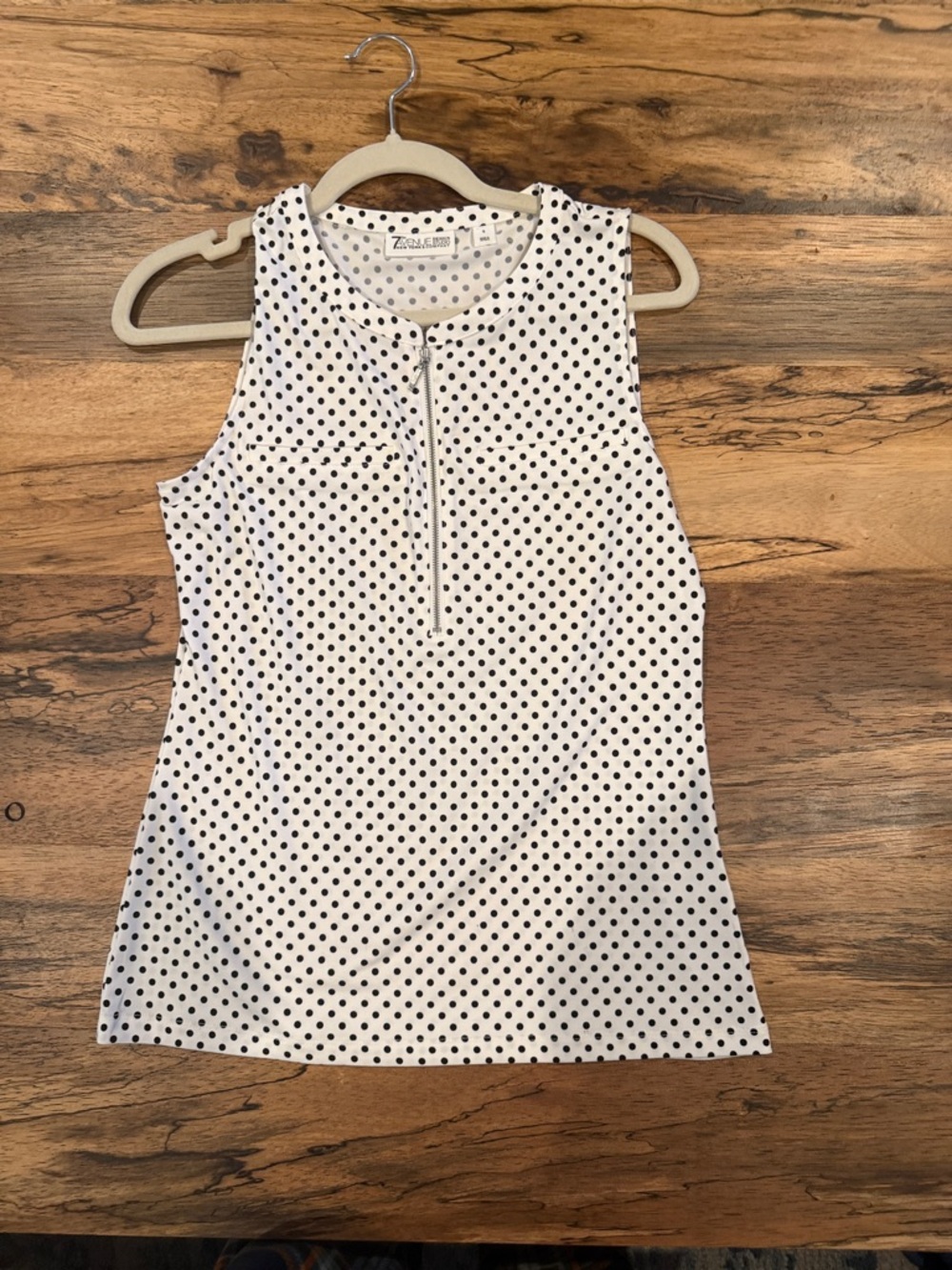 New York & Company White Tank with Black Polka Dots and Center Zip